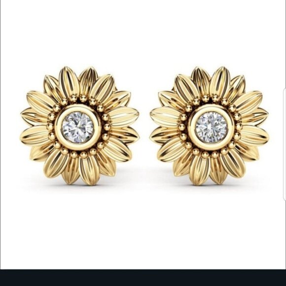 **14K YELLOW GOLD DIAMOND 💎 SUNFLOWER STUD EARRINGS - Picture 1 of 6